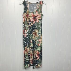 Cocobleu Womens Midi Dress S Black Green Pink Topical Floral Hi-Lo Pullover EUC